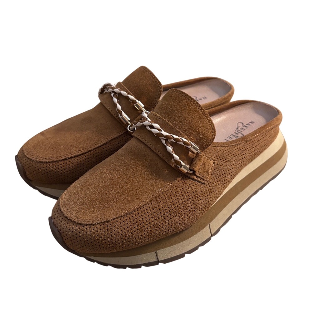 Naked Feet Polo Suede Platform Mules Tan Brown Braided Chain Loafers 7.5M 10339